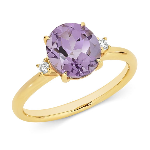9ct yellow gold pink amethyst & diamond ring