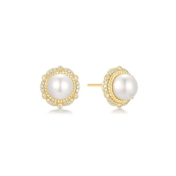 Gold Shell Pearl Bloom Stud Earrings