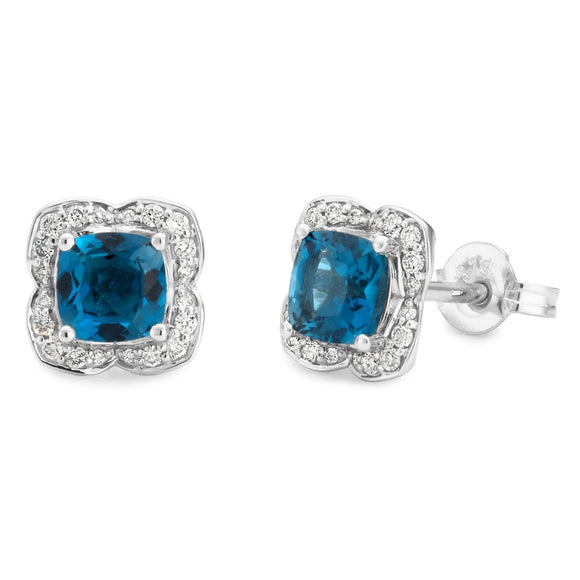 London Blue Topaz & 0.17ct Diamond Stud Earrings in 9ct White Gold