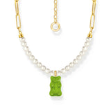 THOMAS SABO Link necklace with green goldbears & freshwater pearls