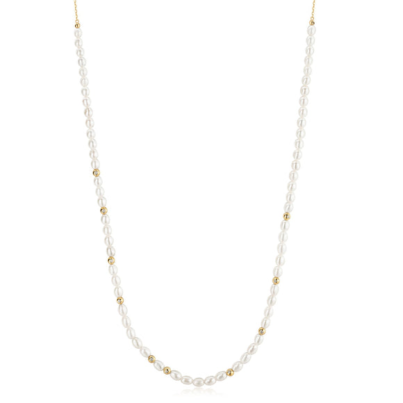 Ania Haie Gold Freshwater Pearl and White Cubic Zirconia Bezel Set Slider Necklace